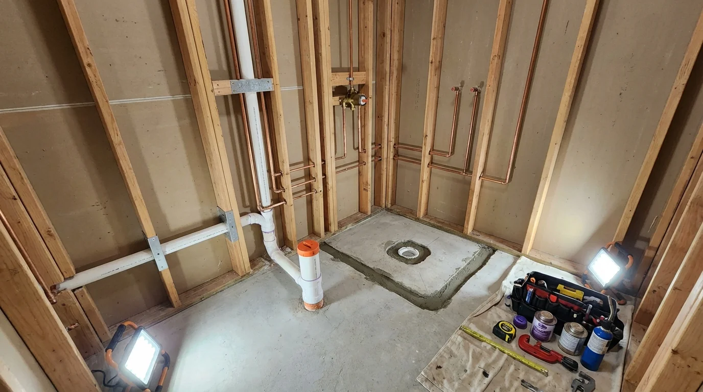 Bathroom rough-in plumbing during remodel by Johns Plumbing LLC in Saint Albans