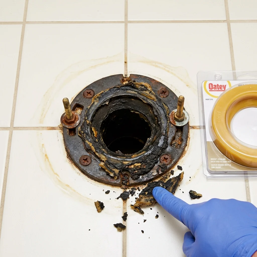 Failed wax ring showing water seepage at the base of a toilet in a Saint Albans, WV home