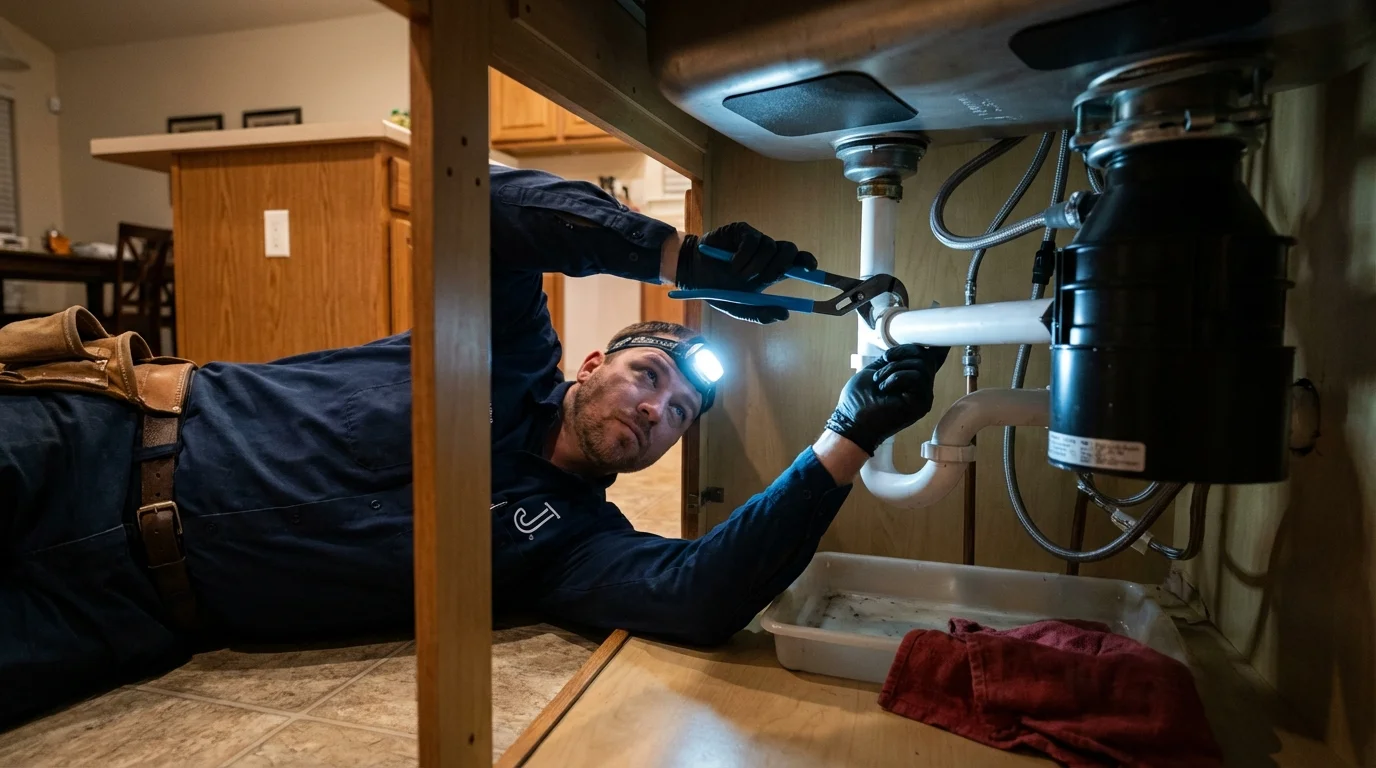 P-trap and supply line connections under a kitchen sink showing a common leak point in Saint Albans, WV